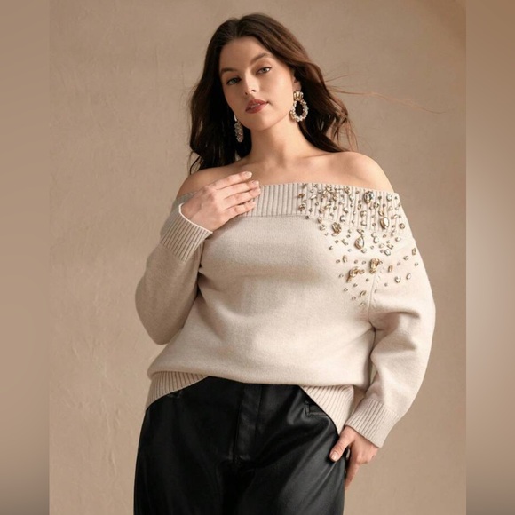 Elegant Off The Shoulder Sweater With Crystal Embellishments Plus SZ 1X - Picture 1 of 4